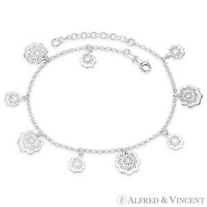 Flower w/ Rolo Chain Italian Love Charm Anklet in .925 Sterling Silver - 9"